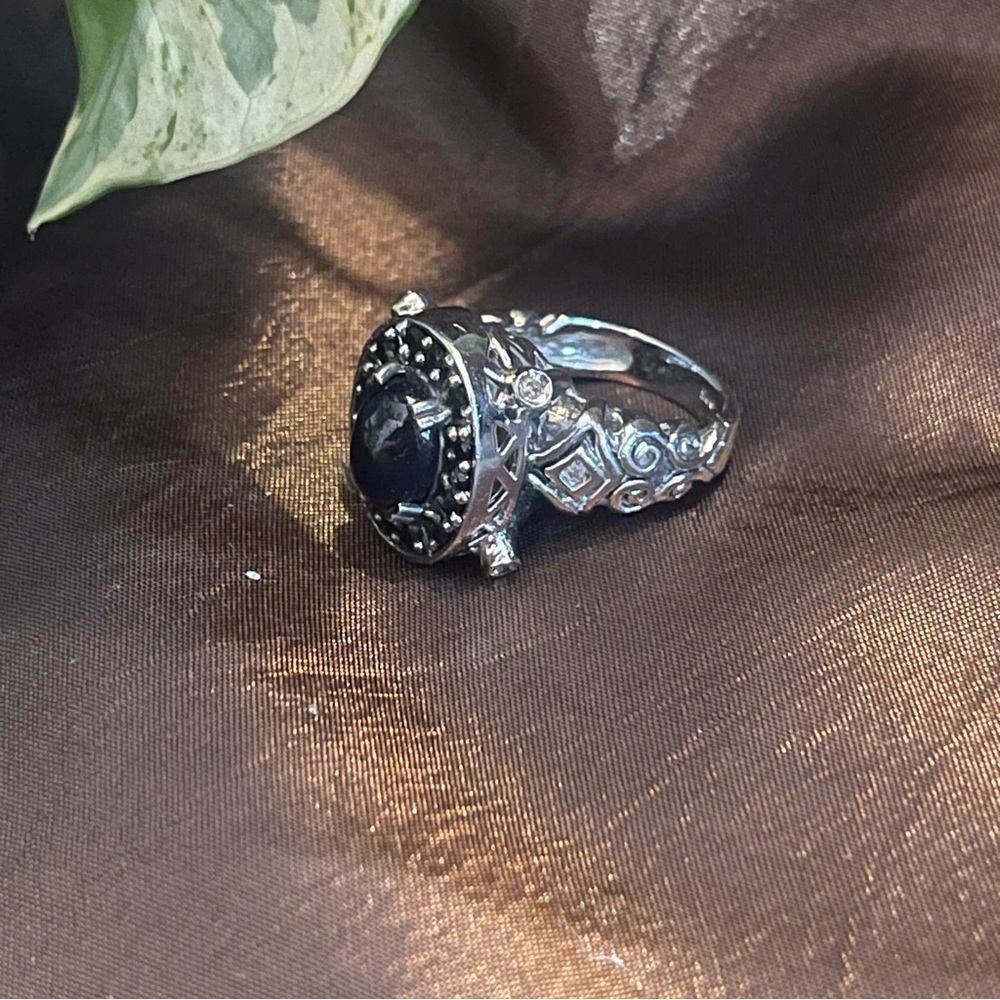 Elegant Sterling Silver and Black Gemstone Ring